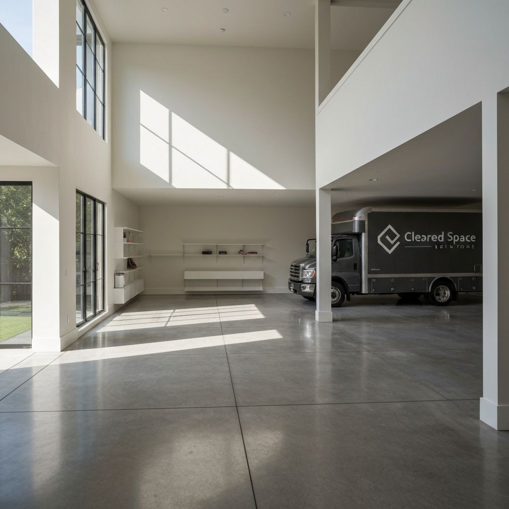 Clean, decluttered garage with Cleared Space Solutions truck