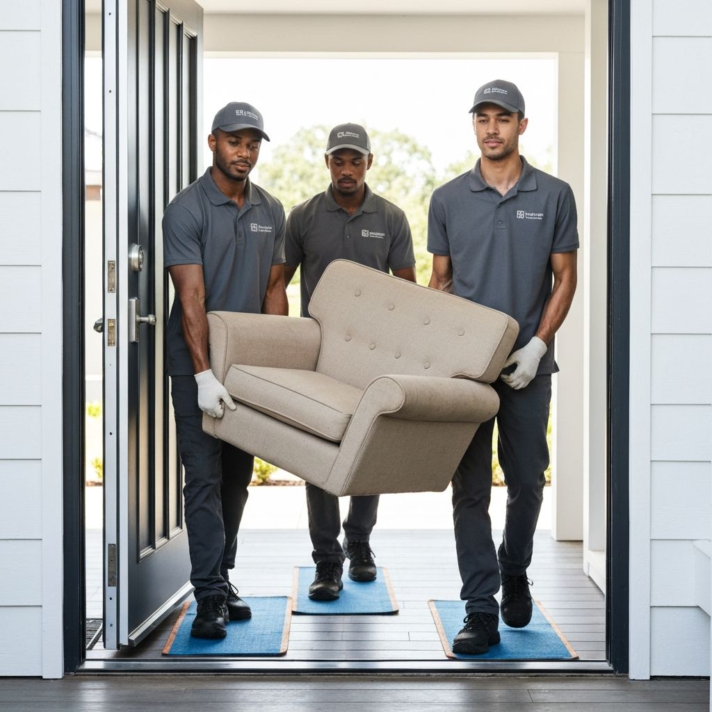 Professional team carefully moving furniture with floor protection